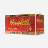 Madsaki, Campbell’s Tomato Juice Box II-P, 2019, offset lithograph with hand-embellishments on cardboard box