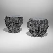 Corinthian Pod occasional tables, set of two by James Bearden, 2023, plasma-carved steel with metallic polywash finish, sold May 2025