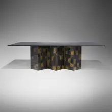 Rare dining table, model PE-22 by Paul Evans, c. 1965, welded, gilt and polychromed steel, glass, sold May 2025