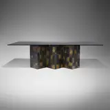 Rare dining table, model PE-22 by Paul Evans, c. 1965, welded, gilt and polychromed steel, glass, sold May 2025