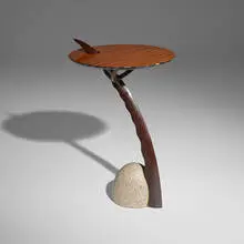 Joe Tracy, Occasional table, c. 1985, figured hardwood, wenge, sandstone