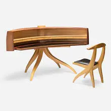 Jere Osgood, Desk and chair, 1989/91, ash, mahogany, rosewood, leather