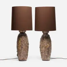 Large table lamps, pair by Adam Silverman, 2019, glazed stoneware, fabric shades, brass, sold May 2025