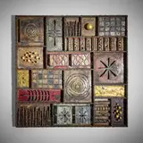Sculpture Front wall panel by Paul Evans, 1965, welded, gilt and polychromed steel, 23 karat gold leaf, sold May 2025