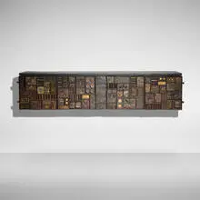 Paul Evans, Important and Early Sculpture Front cabinet, c. 1962-64, welded and patinated steel and brass, colored pigments, 23 karat gold leaf, slate