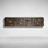 Paul Evans, Important and Early Sculpture Front cabinet, c. 1962-64, welded and patinated steel and brass, colored pigments, 23 karat gold leaf, slate