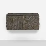 Sculpted Bronze wall-hanging cabinet, model PE-38A by Paul Evans, 1969, bronzed resin over wood, slate, sold May 2025