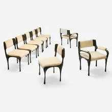 Paul Evans, Dining chairs model PE-106, set of eight, 1970, bronzed resin over steel, upholstery