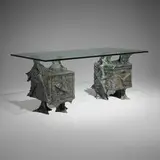 Unique custom-order Sculpted Argente desk by Paul Evans, c. 1968, aluminum resin over wood, glass, sold May 2025