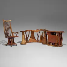 Steven Spiro, Desk and chair, 2005, walnut, tiger maple, redwood, beech, wenge, macassar ebony, exotic woods, mother-of-pearl