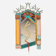 John Hawthorne, Bleeding Heart, 1984, wool with embroidery, paint, beading, glitter and brass