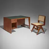 Desk and chair from Chandigarh by Pierre Jeanneret, c. 1957, teak, leather, cane, upholstery, zinc, sold Feb 2026