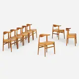Cow Horn chairs, set of eight by Hans J. Wegner, oak, Naugahyde upholstery, sold Feb 2026