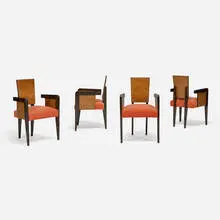 André Sornay, Armchairs, set of four, c. 1935, mahogany plywood, stained beech, velvet upholstery, nickel-plated metal