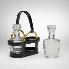 Hermès, Decanter set, c. 1950, crystal, leather, brass