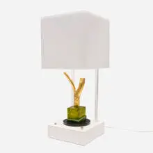 Kinetic table lamp by Garry Knox Bennett, 2012, Lucite, powder-coated steel, painted wood, laminate, sold Jan 2026