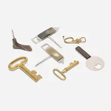 Carl Auböck, Collection of seven bottle openers and corkscrews, c. 1932-1957, brass, stainless steel, resin