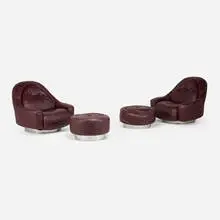 Zator chairs model 120 and ottomans model 120, pair by Guido Faleschini, c. 1975, leather upholstery, chrome-plated steel, sold Jan 2026