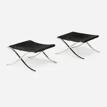 Barcelona stools, pair by Ludwig Mies van der Rohe, hide, leather, chrome-plated aluminum, sold Jan 2026
