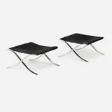 Barcelona stools, pair by Ludwig Mies van der Rohe, hide, leather, chrome-plated aluminum, sold Jan 2026