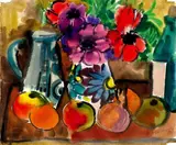 Rudolf Bredow, Bunte Krüge, Anemonen und Äpfel”, 1963, Aquarell über Bleistift auf Velin
