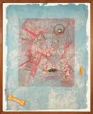 Martin Kippenberger, Ohne Titel, 1991, Kaltnadel in Rot auf handgeschöpftem, indigo-gefärbtem Nepali-Papier, im Künstlerrahmen mit auf der Acrylglasscheibe applizierten Plastikobjekten