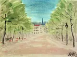 Werner Heldt, Straße im Frühling, 1952, Öl auf leinenstrukturiertem Papier, fest in das Passepartout montiert