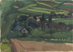 Hermann Glöckner, Wunschendorf, von einer Höhe aus, 1934, Aquarell auf leicht genarbtem Papier