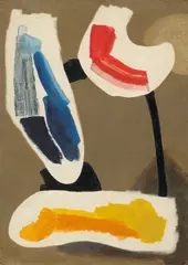 Carl Buchheister, Komposition Be-er-ge (=b-lau, r-ot. g-elb), 1953, Öl auf Pappe
