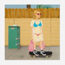 Ed Templeton, Suburban Scene (Skating to the Beach), 2022, acrylic on panel