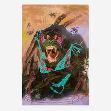 Bianca Fields, Stank and Stung, 2021, acrylic, oil, and spray paint on yupo paper mounted to panel