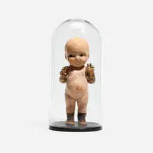 Haroshi, Buddy Lee, 2016, found skateboard and Lee Jeans figure, glass, wood