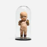 Haroshi, Buddy Lee, 2016, found skateboard and Lee Jeans figure, glass, wood