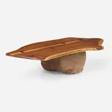 Custom coffee table by attribution Louise Dees-Porch and Phillip Lloyd Powell, c. 1960, walnut, stone, ebony, sold May 2025