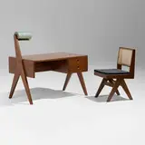 Lighting desk and chair from Chandigarh by Pierre Jeanneret, c. 1958-60, teak, cane, upholstery, enameled steel, aluminum, sold May 2025
