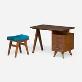 Administrative desk and stool from Chandigarh by Pierre Jeanneret, c. 1960, teak, hide, cane, sold May 2025