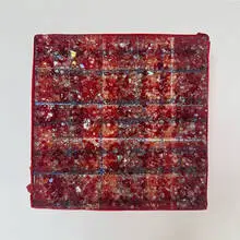 Layo Bright, Exodus (Study), 2022, fused glass and "Ghana must go" bag on panel