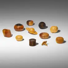 Collection of eleven boxes by Hans Weissflog, African blackwood, thuya burl, olive wood, amboyna burl, boxwood, various exotic woods, sold Apr 2025