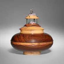 Michael Mode, Lidded vessel, 1992, maple, walnut, quartz, ebony