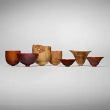 Bert Marsh, Collection of seven vessels, 2003-2008, purpleheart, sheoak, olive wood, burr ash, masur birch, amboyna, snakewood