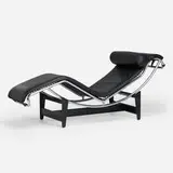 LC4 chaise lounge, model B306 by Pierre Jeanneret and Le Corbusier Charlotte Perriand, chrome-plated and enameled steel, leather, cowhide, rubber, sold Jan 2026