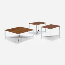 Milo Baughman, Coffee table and occasional tables, pair, c. 1970, walnut, chrome-plated steel