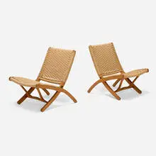 Trends Pacific L.A., Wegner-style folding chairs, pair, c. 1980, paper cord, oak