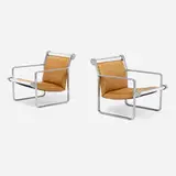 Bruce Hannah and Andrew Morrison, Sling armchairs, pair, 1971, leather, chrome-plated aluminum