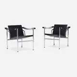 Lounge chairs, pair by Charlotte Perriand, Pierre Jeanneret, and Le Corbusier, c. 1980, leather, chrome-plated steel, sold Jan 2026