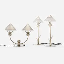 Marc Errol, Table lamps, set of three, c. 1930, nickel-plated brass, frosted glass