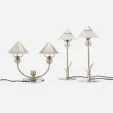 Marc Errol, Table lamps, set of three, c. 1930, nickel-plated brass, frosted glass