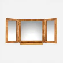 Art Déco, Tabletop folding mirror, c. 1935, straw marquetry over wood, mirrored glass, brass