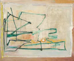 Georg Meistermann, Spuren, 1985, Öl auf Rupfen auf Holz