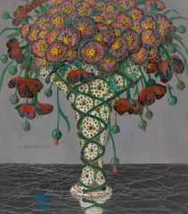 Carl Strathmann, Blumenstillleben, Gouache, Tempera, Öl und Goldlack auf Papier